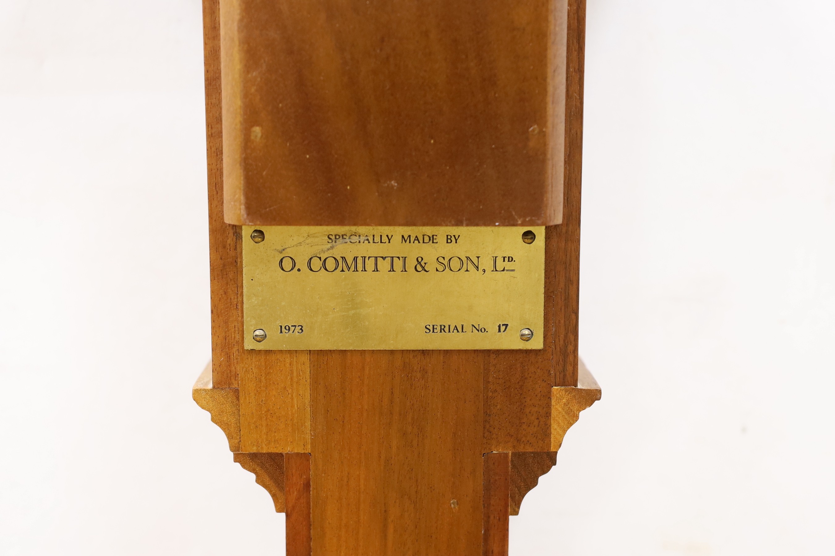 A Comitti & Son limited edition burr walnut and mahogany barometer, copy of a stick barometer by John Cuff, 100cm